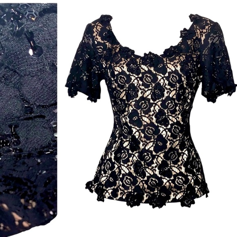JS Boutique Beaded Floral Lace Black Overlay Tan Nude Illusion Top 8 Evening - Picture 14 of 14